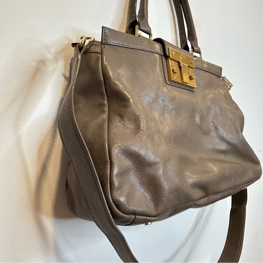 Tory Burch Holland Grey Leather Satchel Bag Zip Purse  Crossbody Strap - Picture 2 of 6